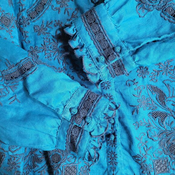 Sundance Rosetti Lace Teal Embroidered Womens L Button Up Top Victorian Romantic - Picture 10 of 13